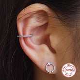 Pair Of 925 Sterling Silver Circle With White CZ Gem Minimal Stud Earrings
